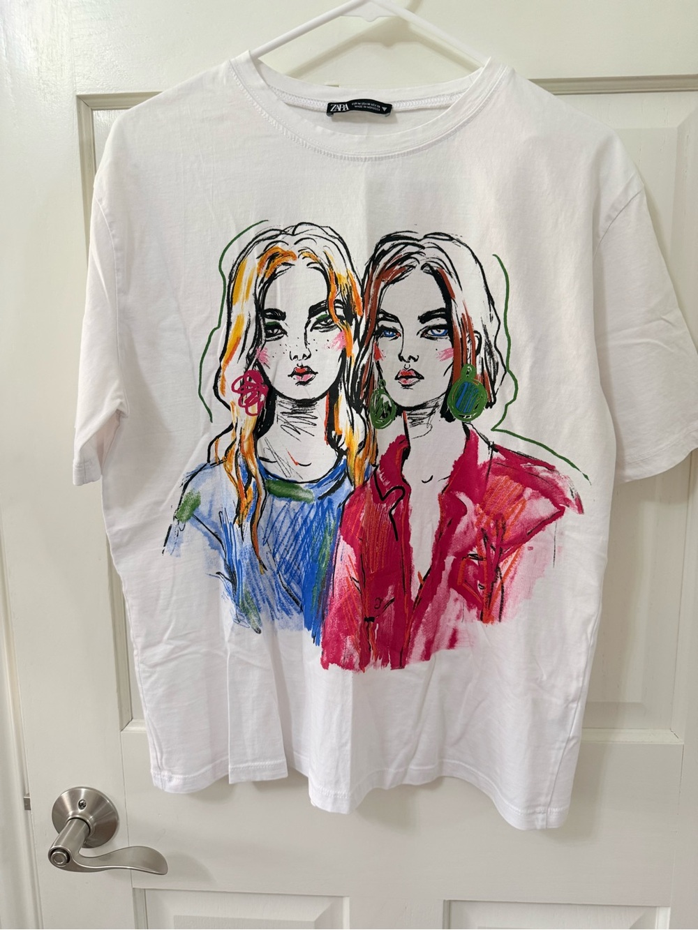 Zara White Tee with Multicolor Hand-Drawn Portrait Print